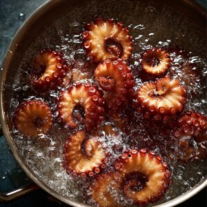 Octopus tentacles boiling in a pot of salted water.