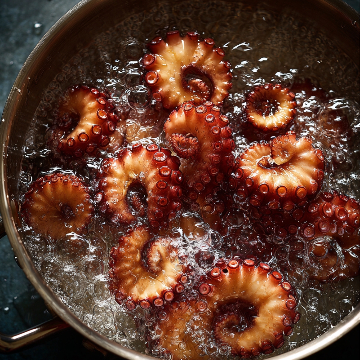 Octopus tentacles boiling in a pot of salted water.