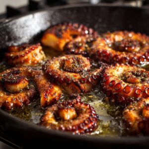 Octopus tentacles searing in olive oil inside a hot skillet.