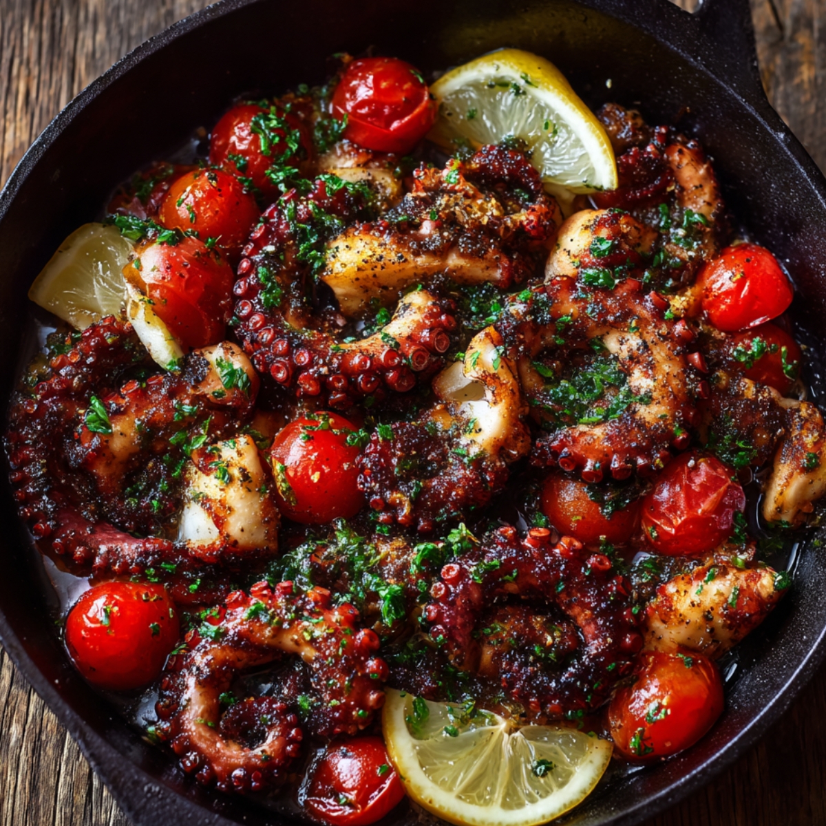 Grilled baby octopus with cherry tomatoes, lemon slices, and herbs in a cast iron skillet.