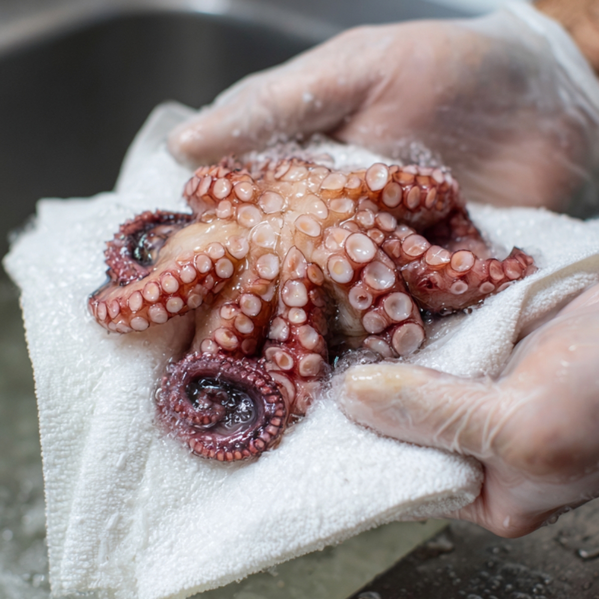 Fresh baby octopus being patted dry with a towel over a sink, wearing gloves.