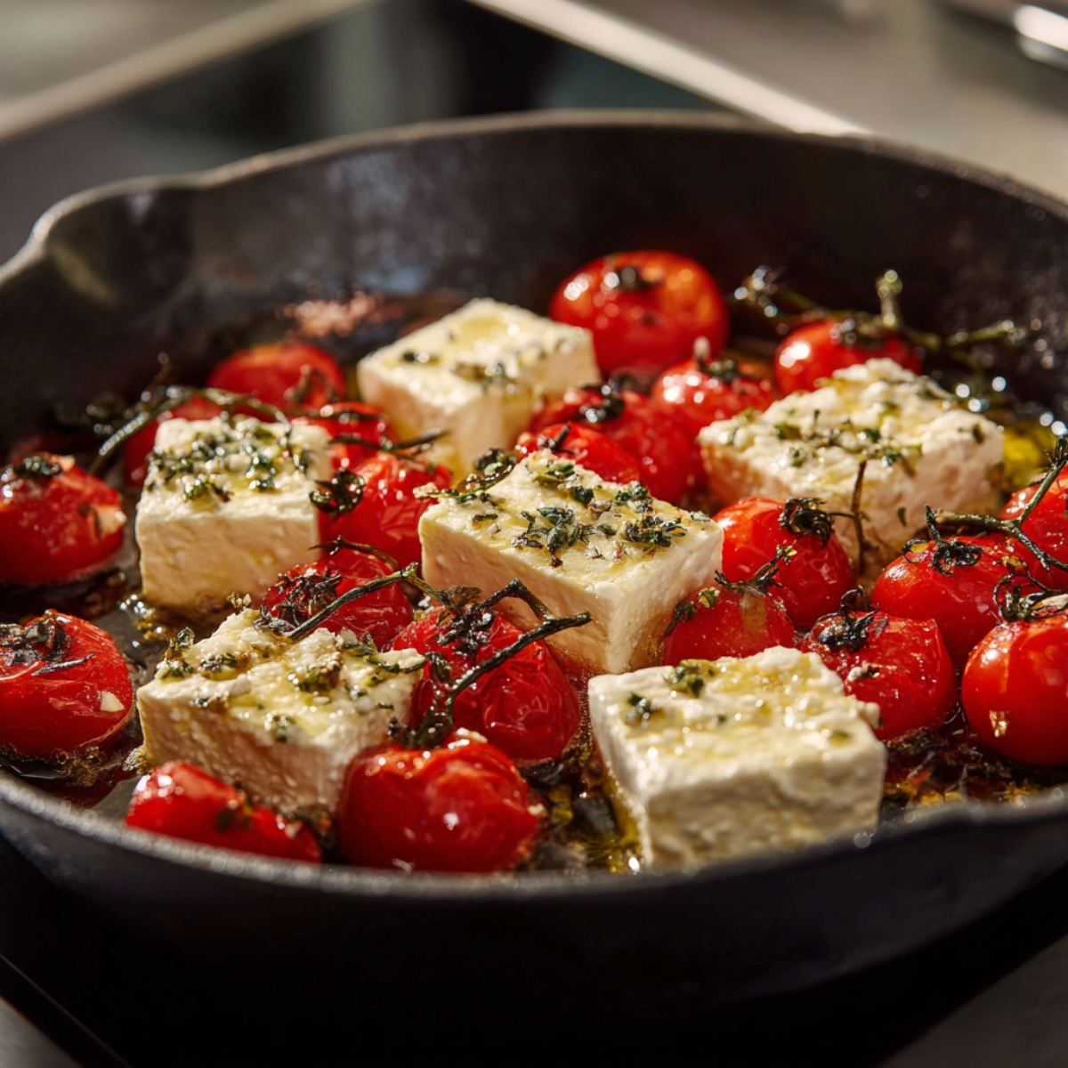 Cubes of feta cheese and cherry tomatoes roasting in a black skillet with herbs and olive oil.