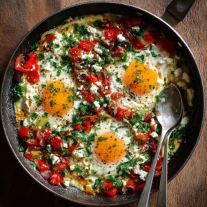 Baked eggs in a skillet topped with fresh herbs, chopped red peppers, and feta cheese, served with a spoon on the side.