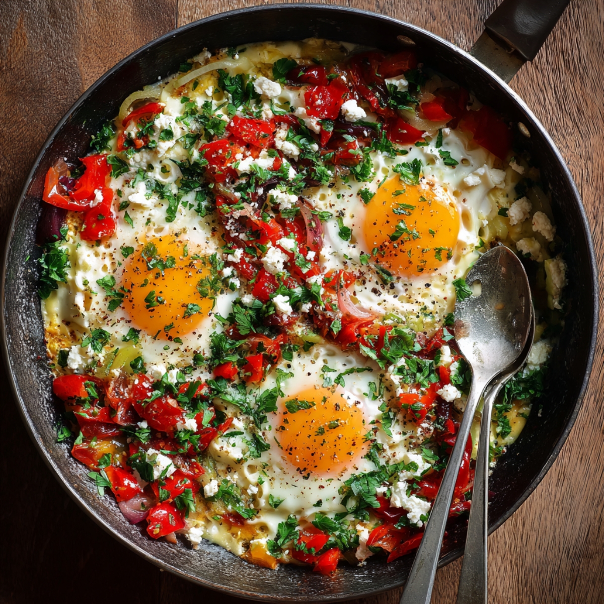 Baked eggs in a skillet topped with fresh herbs, chopped red peppers, and feta cheese, served with a spoon on the side.