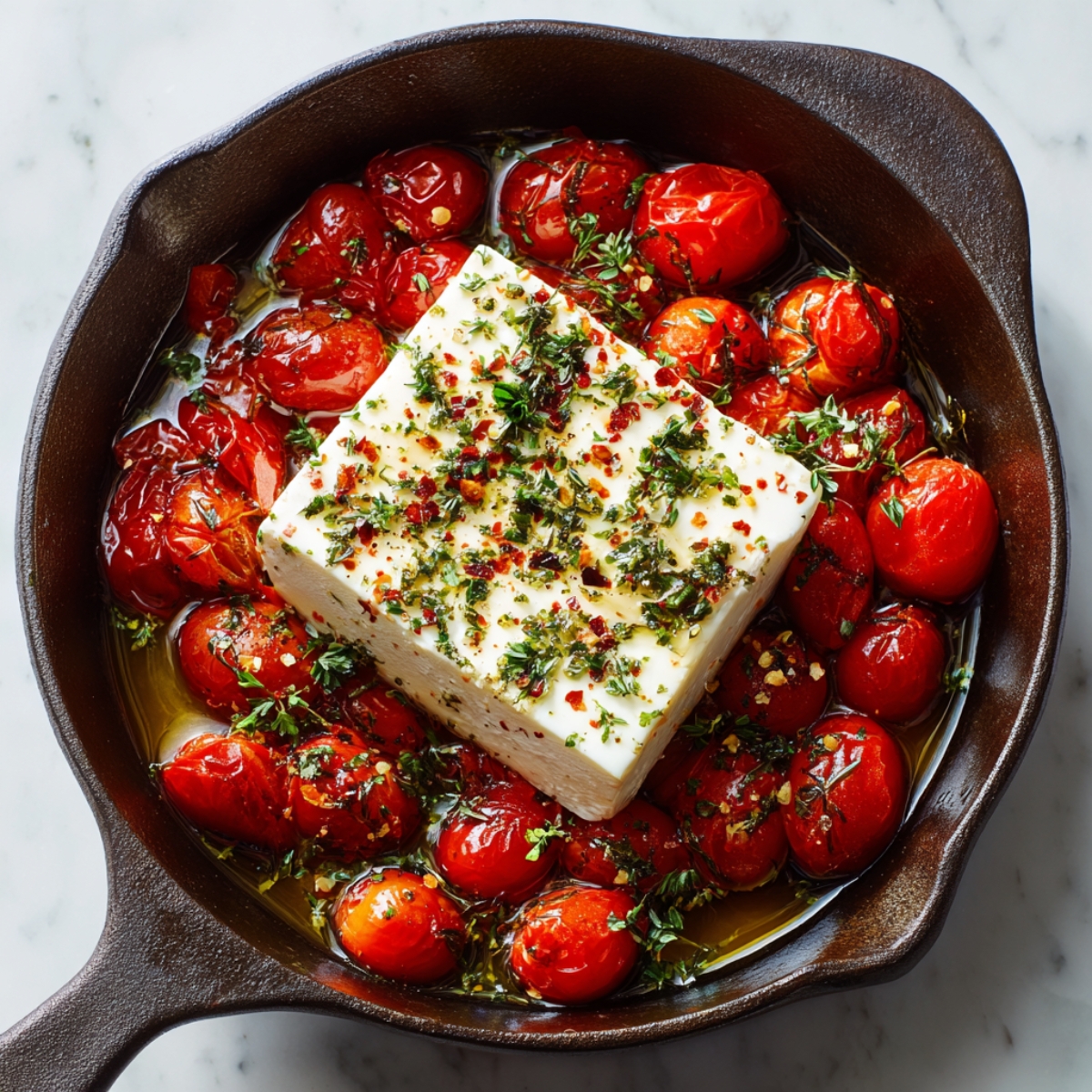 Block of feta cheese placed on roasted cherry tomatoes, seasoned with herbs and red pepper flakes in a cast iron pan.