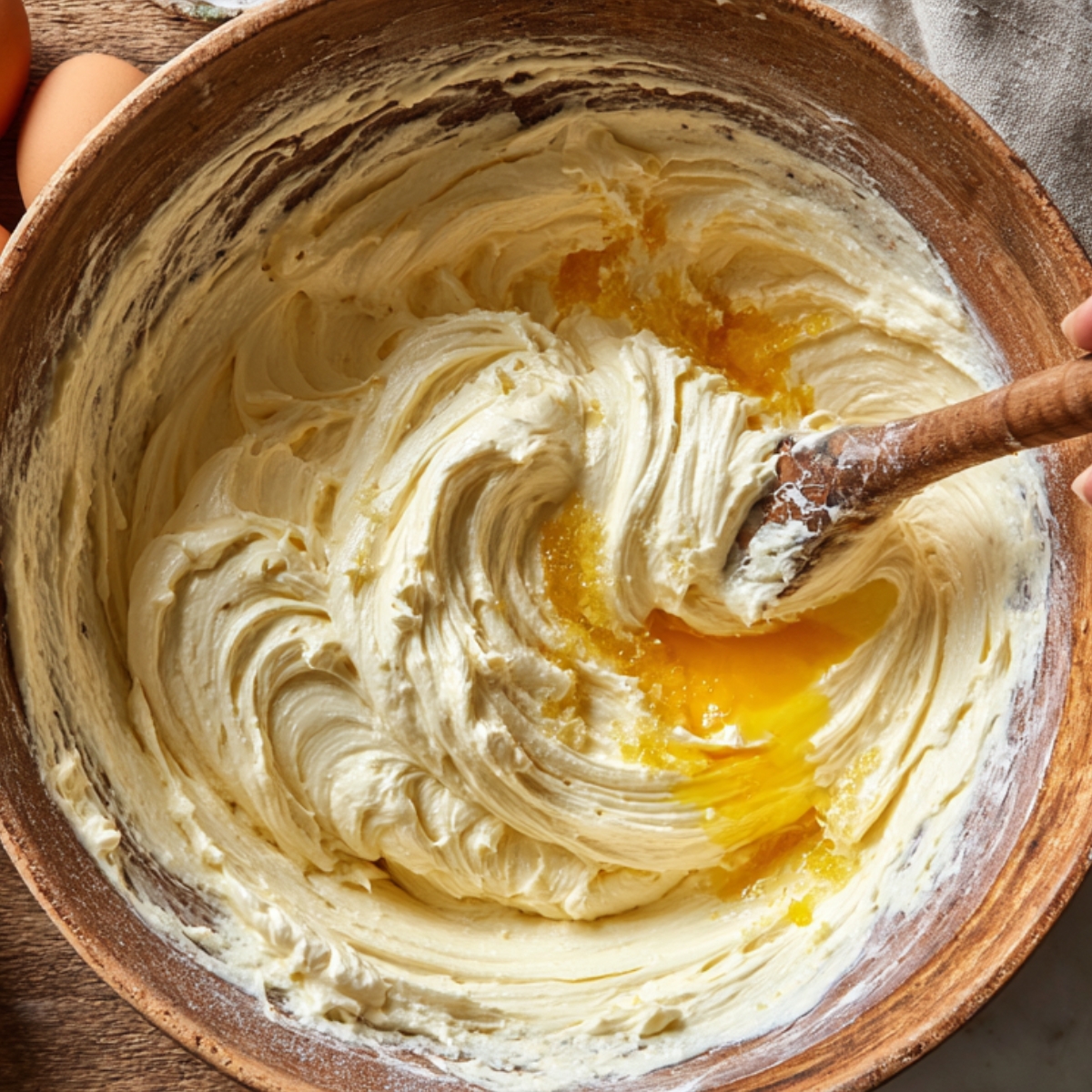 A wooden bowl of creamy cheesecake batter being mixed with eggs, surrounded by whole eggs and eggshells on a rustic wooden surface.