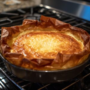 A cheesecake with phyllo crust baking in the oven, the phyllo edges golden and crisp, the center baked to a light golden brown.