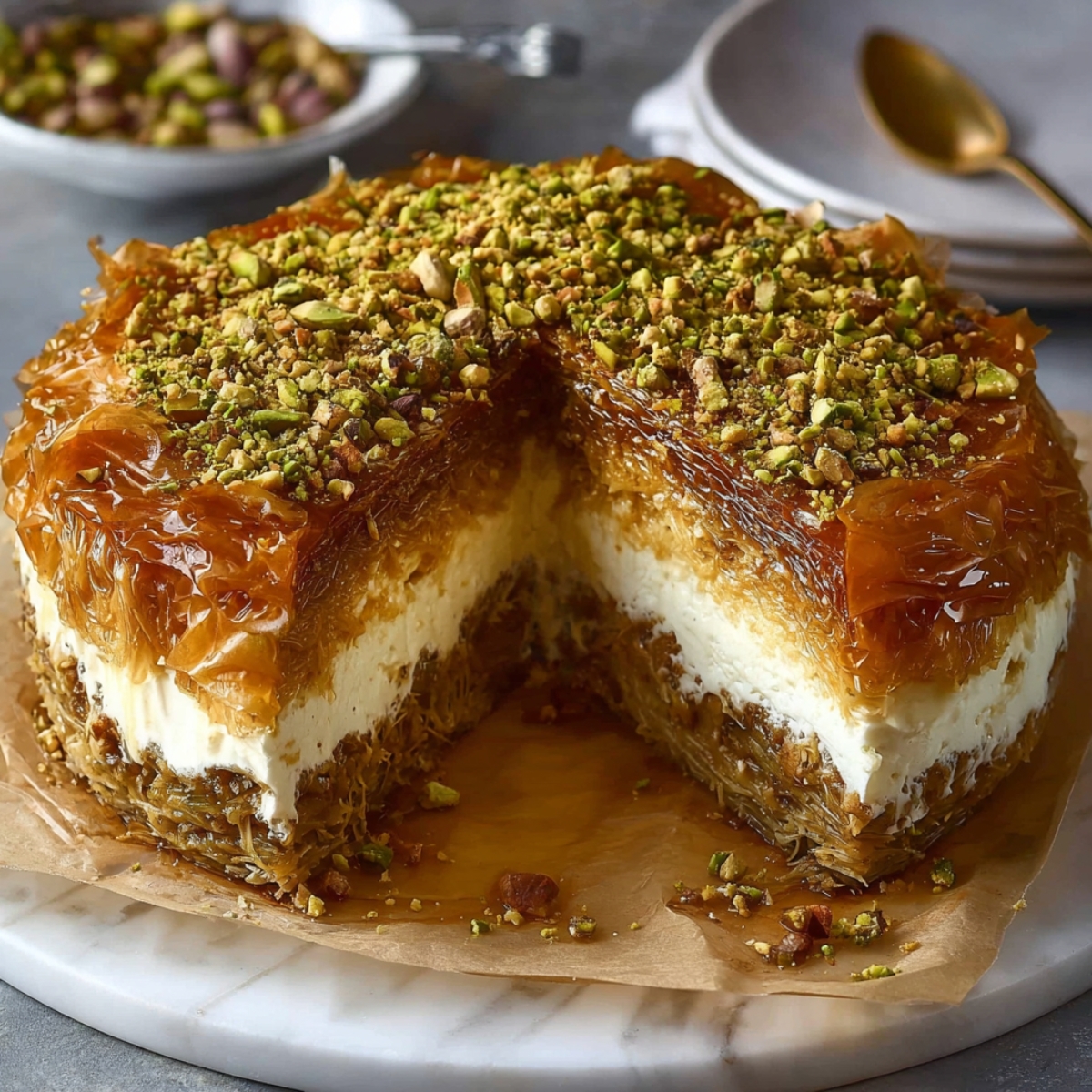 A whole baklava cheesecake on a marble base, with a wedge cut out to reveal layers of crisp phyllo, creamy filling, and a pistachio-honey topping.