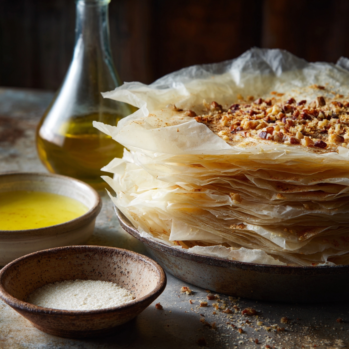 A stack of phyllo pastry sheets separated by paper, sprinkled with nuts and cinnamon, with small bowls of melted butter, sugar, and a bottle of oil in the background.