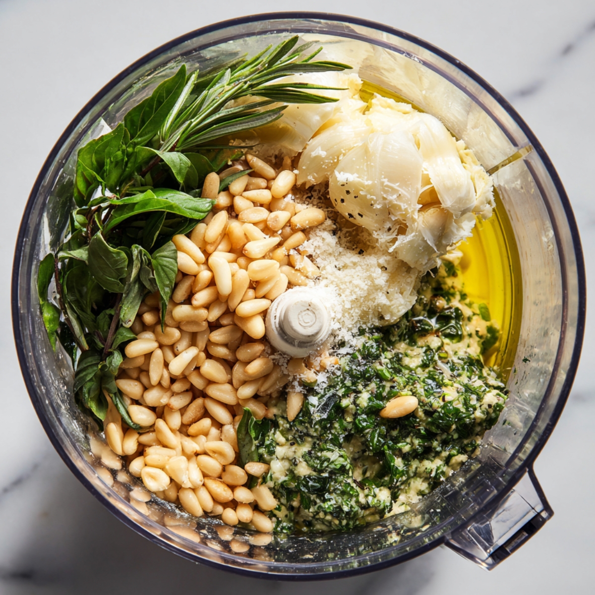A food processor filled with basil, pine nuts, garlic, cheese, and olive oil, ready to be blended into pesto.