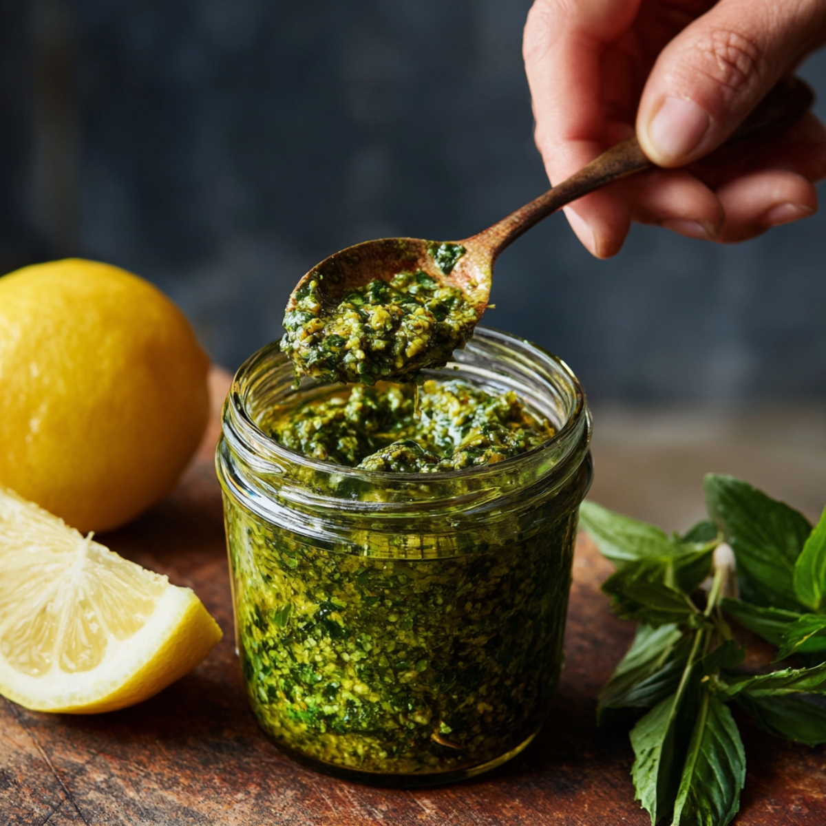 A spoon scooping fresh green pesto from a glass jar, with lemon and basil leaves in the background.