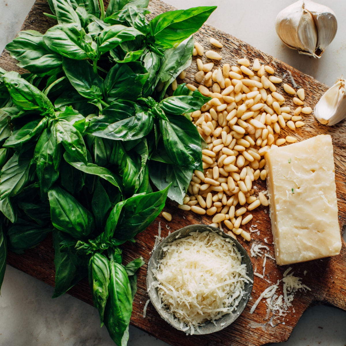 Fresh ingredients for pesto on a wooden board — bunches of basil, pine nuts, garlic cloves, and a wedge of Parmesan cheese with grated cheese in a small bowl.