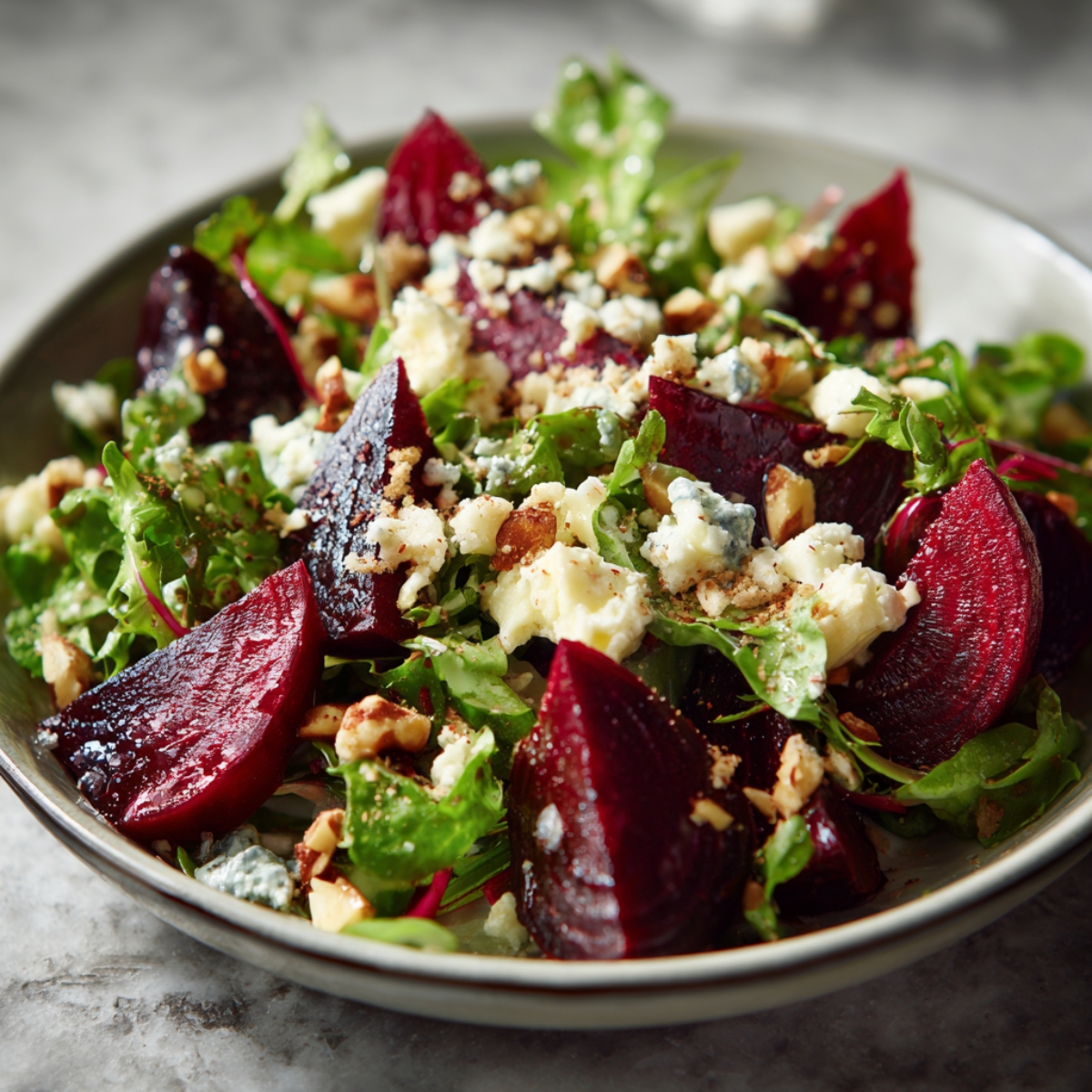 A fresh beet salad served in a shallow bowl, with beet wedges, arugula, crumbled cheese, and chopped nuts sprinkled on top.