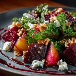 A close-up of roasted beet salad on a dark plate, with leafy greens, crumbled blue cheese, chopped walnuts, and a drizzle of beet reduction.