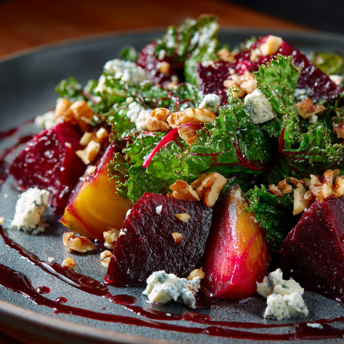 A close-up of roasted beet salad on a dark plate, with leafy greens, crumbled blue cheese, chopped walnuts, and a drizzle of beet reduction.