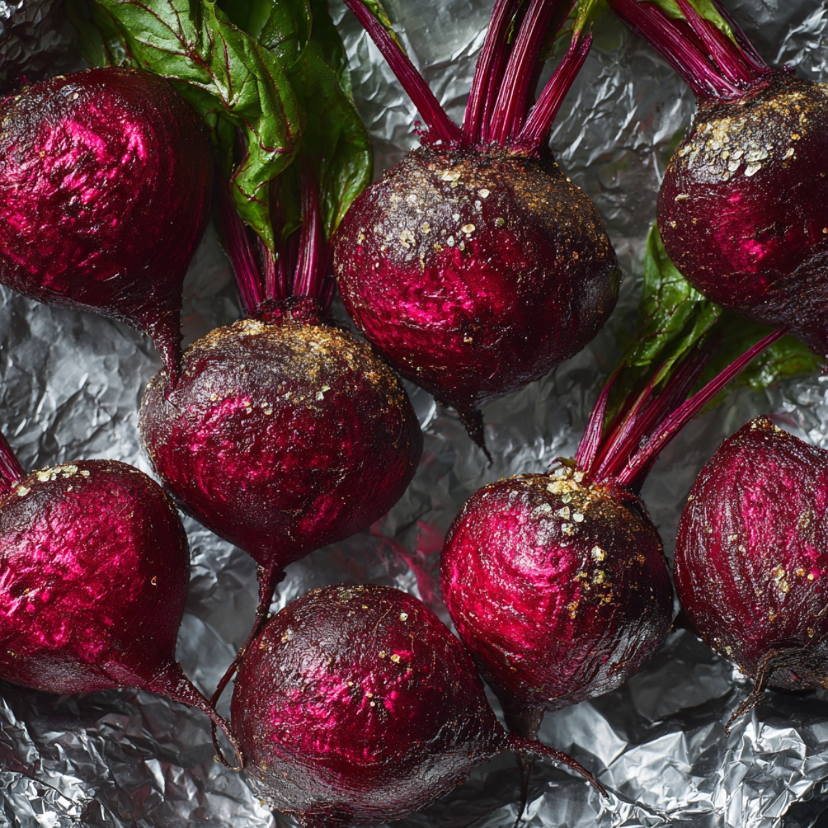 Whole beets wrapped in foil, roasted with olive oil and sprinkled with coarse salt, leaves still attached.