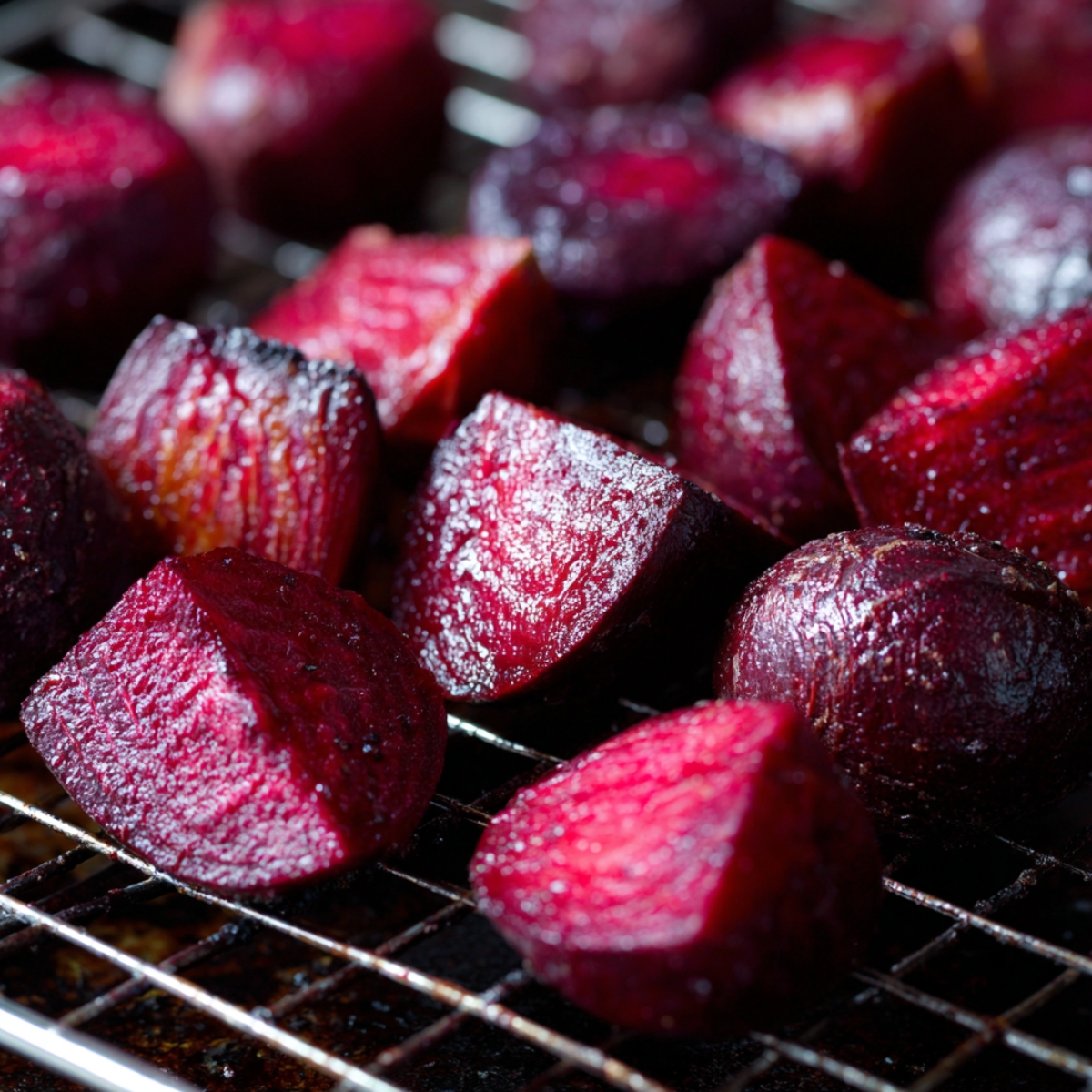 Roasted beet chunks cooling on a wire rack, glistening with a caramelized surface.