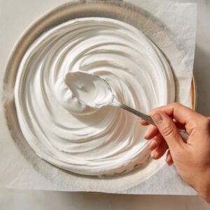 An electric mixer whipping cream into soft peaks in a stainless steel bowl on a kitchen counter with natural lighting.