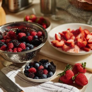 A kitchen scene with fresh berries being prepared—whole and sliced strawberries on a plate, mixed berries in a colander and small bowl, with sugar being sprinkled over the fruit.