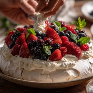 A finished pavlova topped with whipped cream, fresh strawberries, blackberries, blueberries, and mint leaves, with a hand applying final touches.