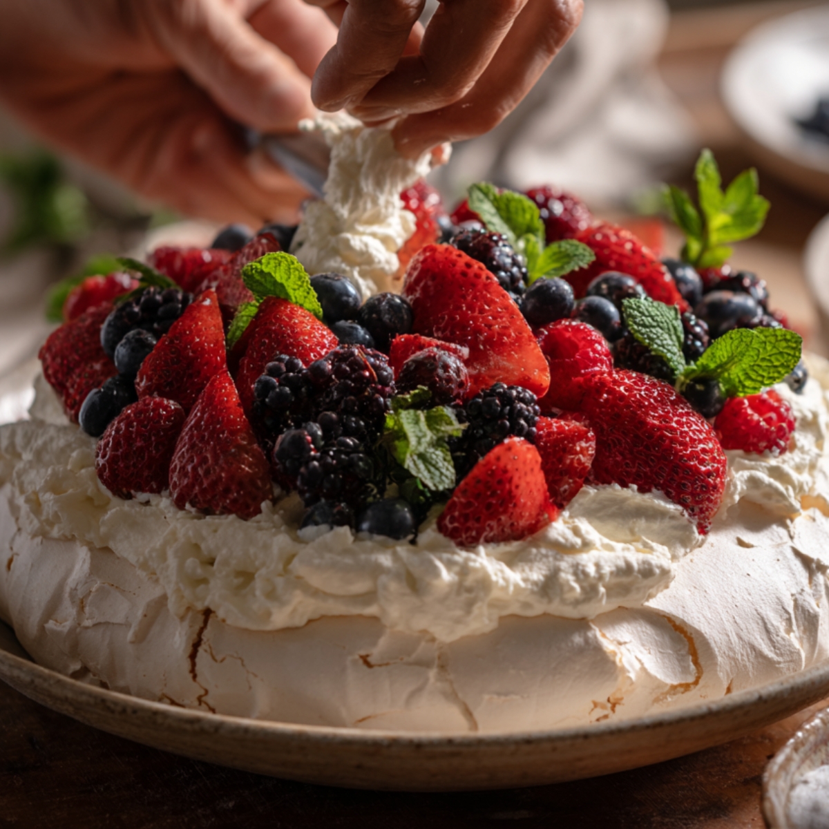 A finished pavlova topped with whipped cream, fresh strawberries, blackberries, blueberries, and mint leaves, with a hand applying final touches.