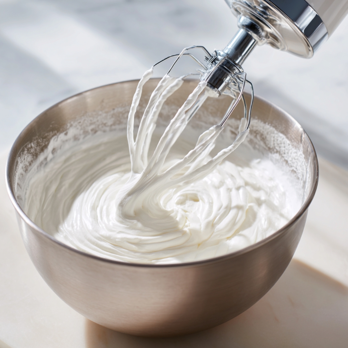 A hand using a spoon to swirl and shape a smooth layer of meringue on parchment paper, ready for baking.