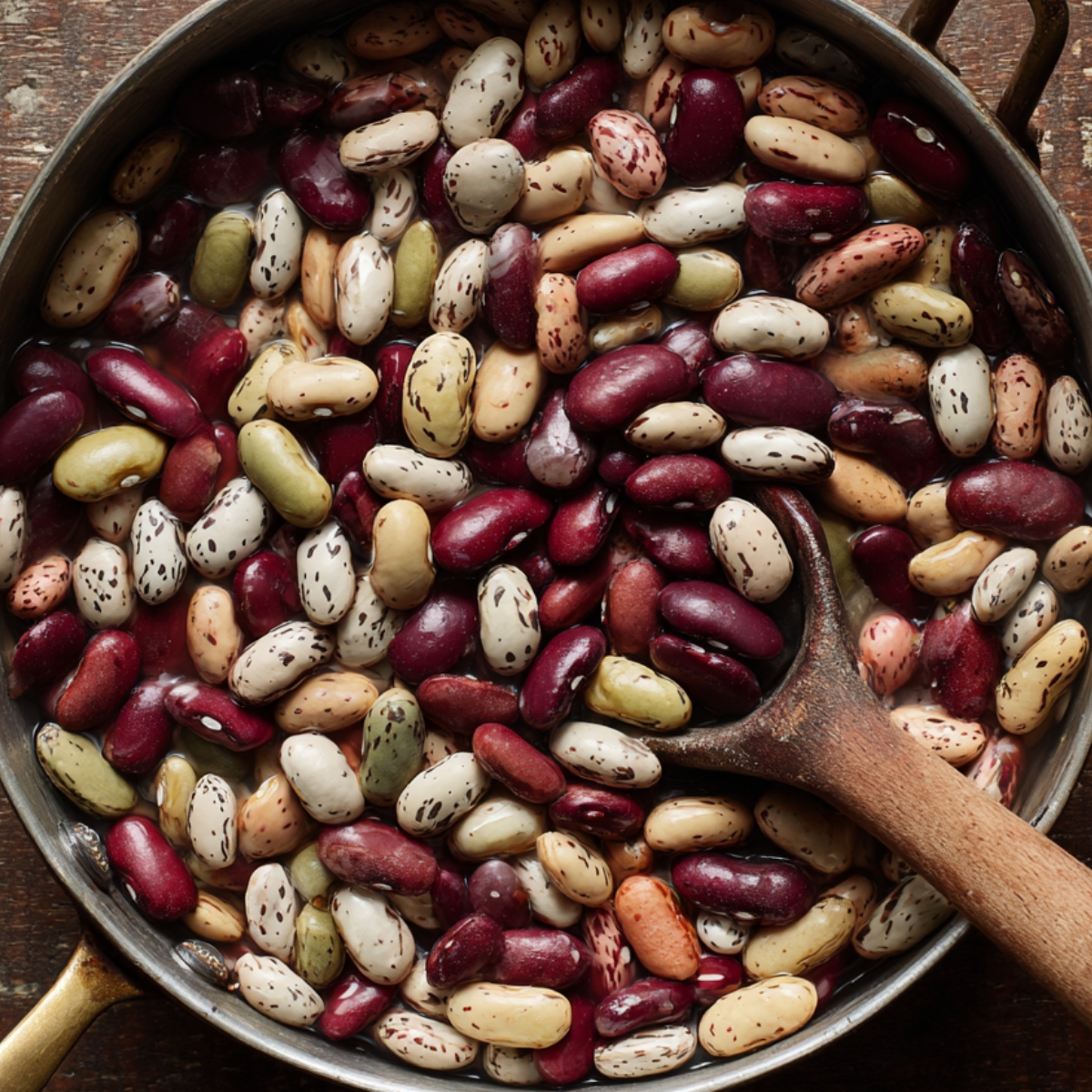 Pan of assorted colorful dried beans with a wooden spoon