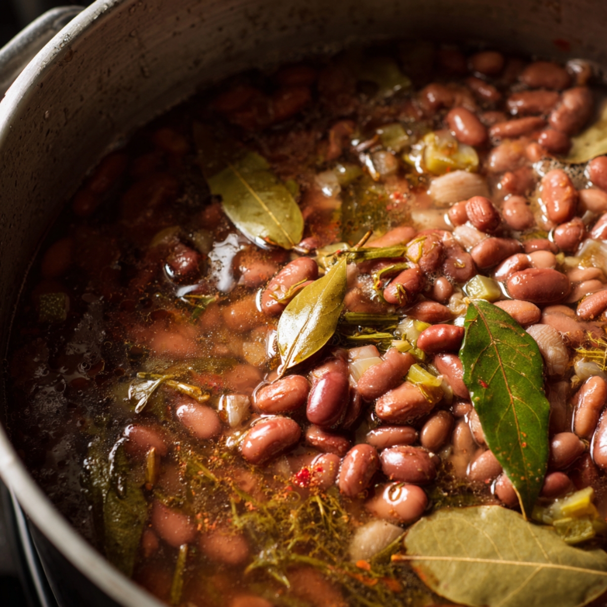 Metal pot with simmering red beans, onions, herbs, and bay leaves