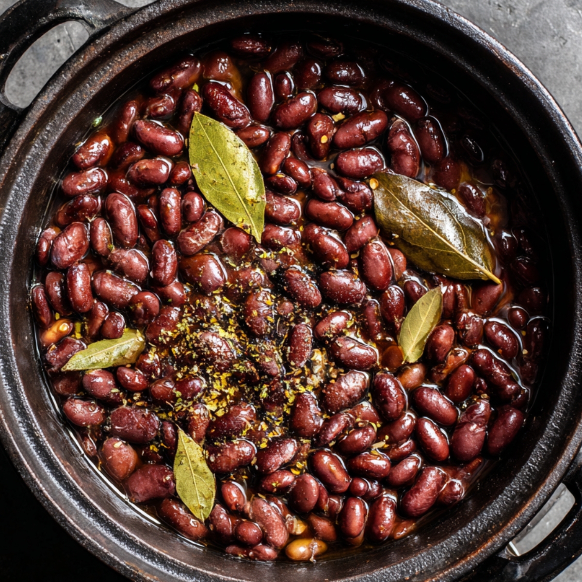 Black pot filled with cooked black beans, bay leaves, and spices