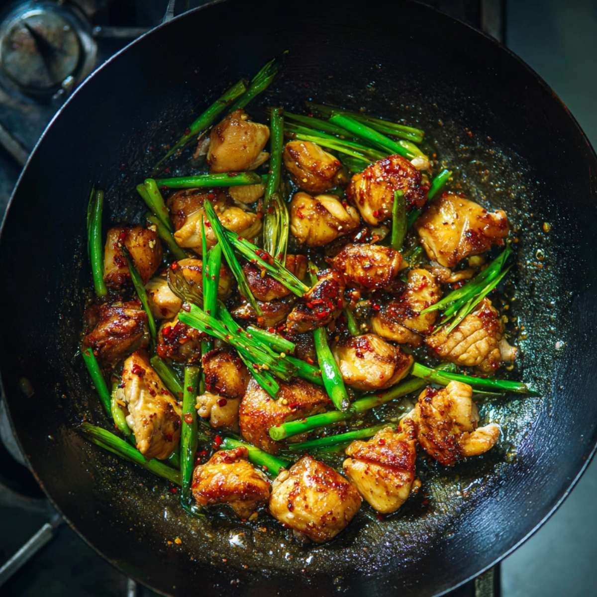 Wok-cooked chicken pieces stir-fried with scallions and red pepper flakes in a savory sauce over high heat.