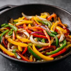 Colorful mix of sautéed red, yellow, and green bell peppers with sliced onions in a black skillet