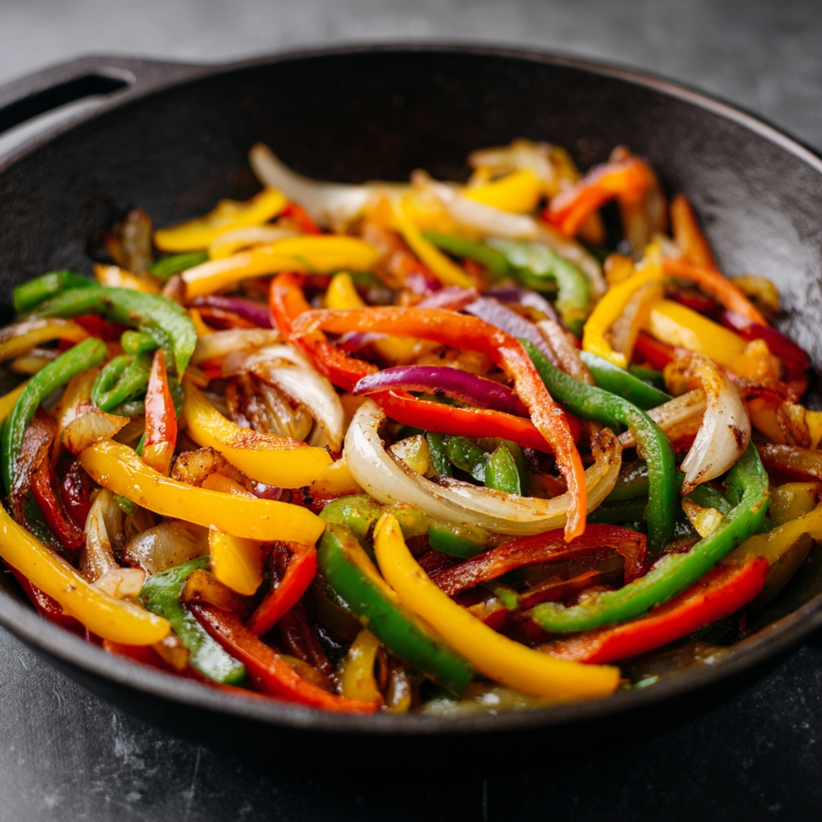 Colorful mix of sautéed red, yellow, and green bell peppers with sliced onions in a black skillet