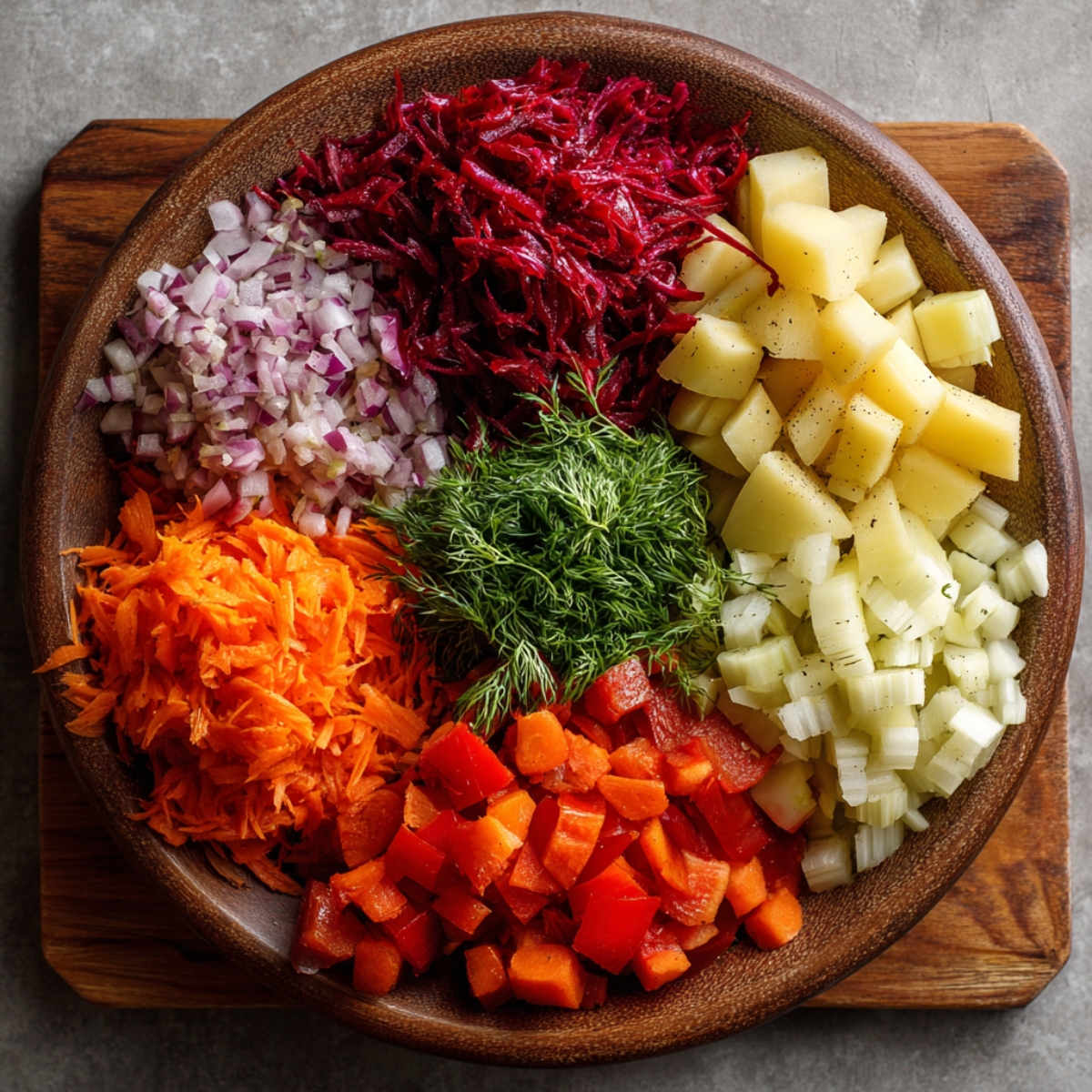A wooden bowl with prepped vegetables: shredded beets, diced potatoes, carrots, celery, red peppers, chopped onion, and fresh dill.