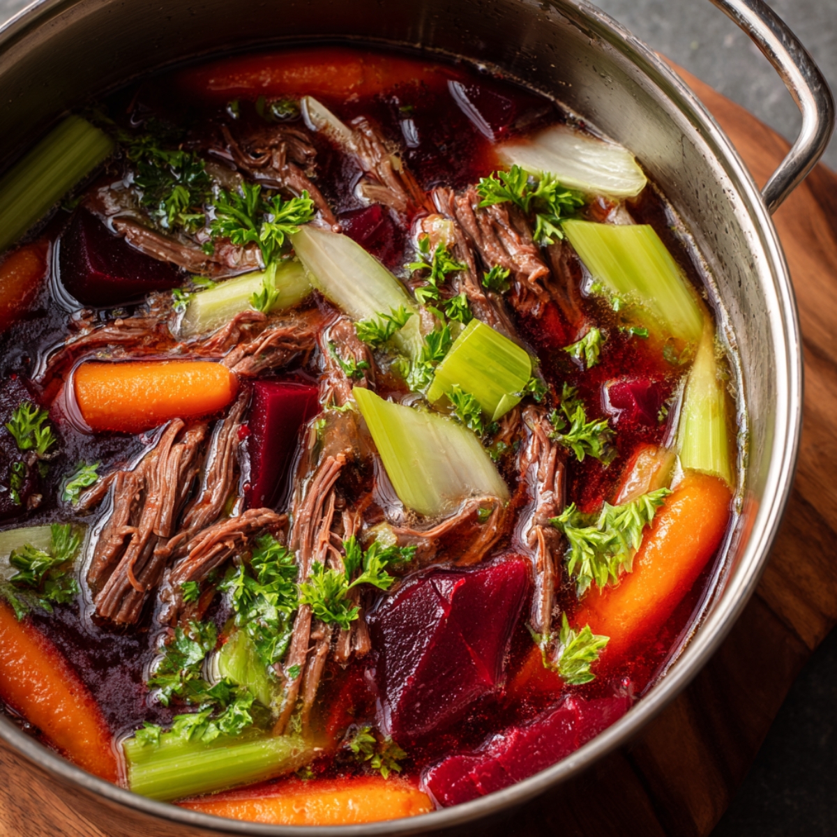 A pot filled with shredded beef, beets, carrots, and celery simmering in broth, garnished with parsley.