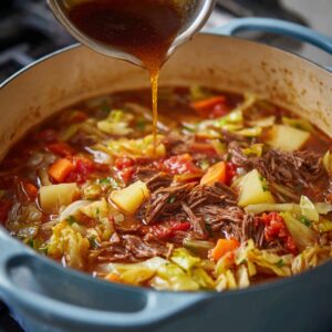 A pot of soup with shredded beef, carrots, potatoes, cabbage, and tomatoes, as broth is being poured in.