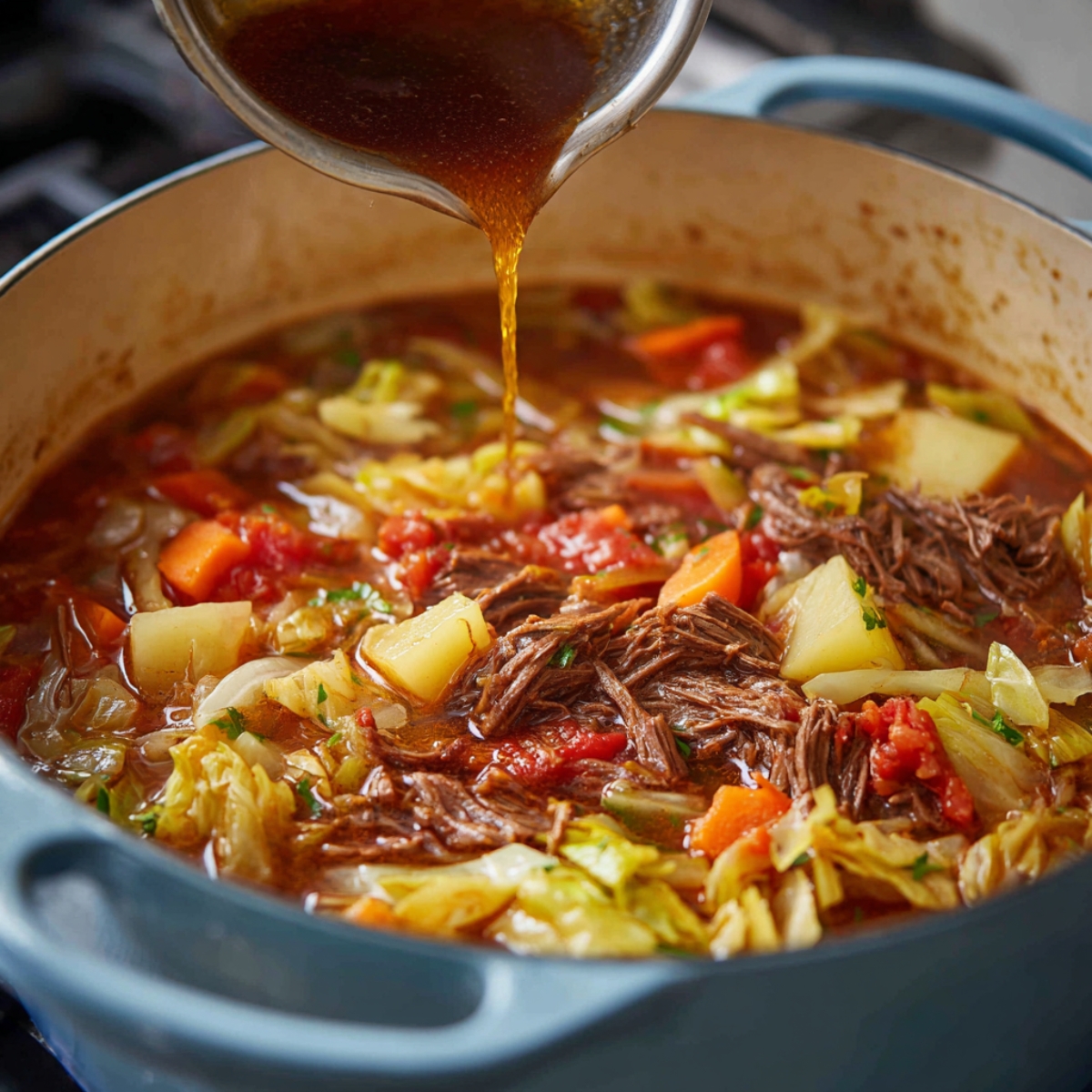 A pot of soup with shredded beef, carrots, potatoes, cabbage, and tomatoes, as broth is being poured in.