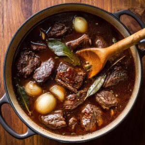 A pot of simmering beef broth with chunks of beef, whole onions, and bay leaves.