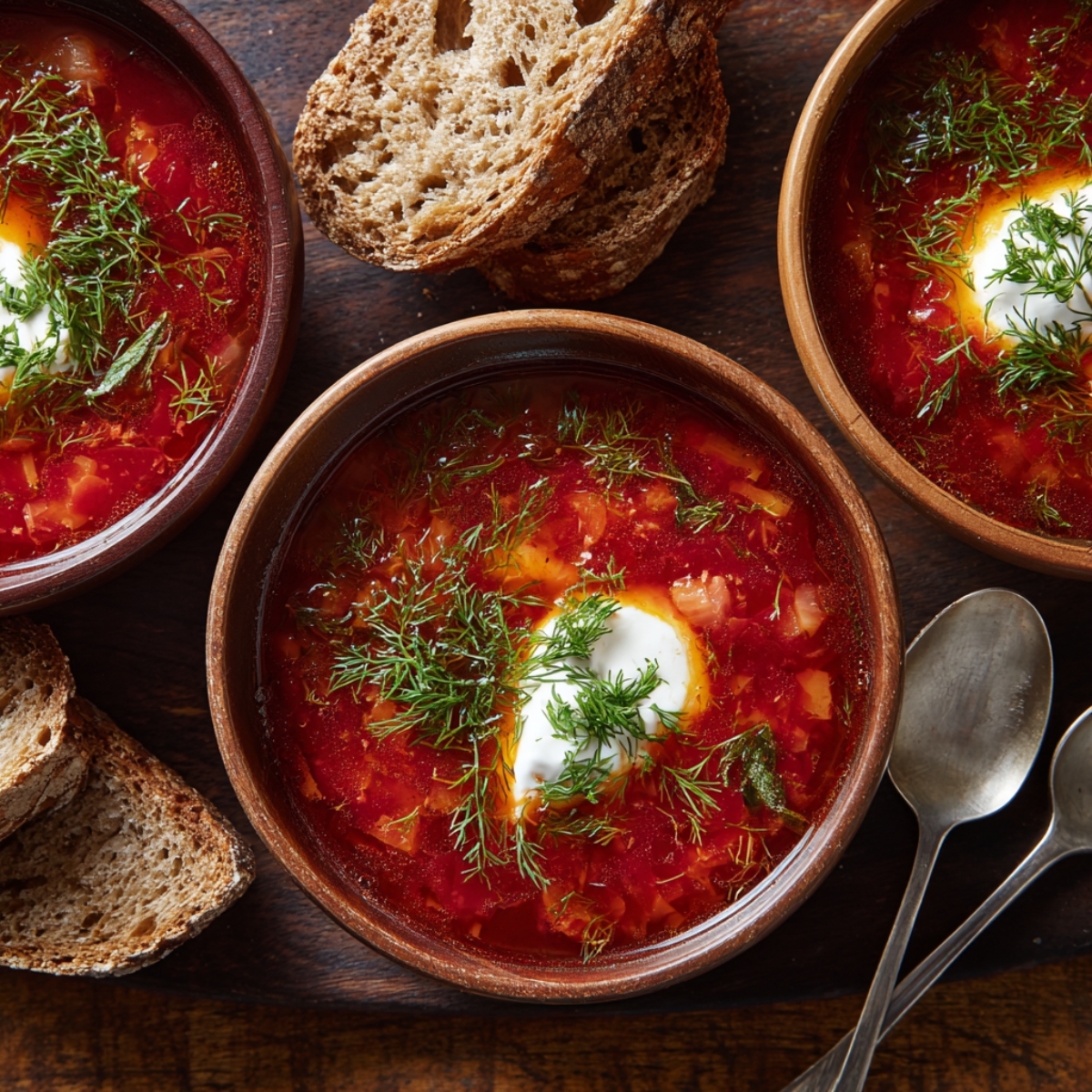 Three bowls of hot borscht soup served with sour cream and fresh dill on top, with slices of crusty bread on the side.