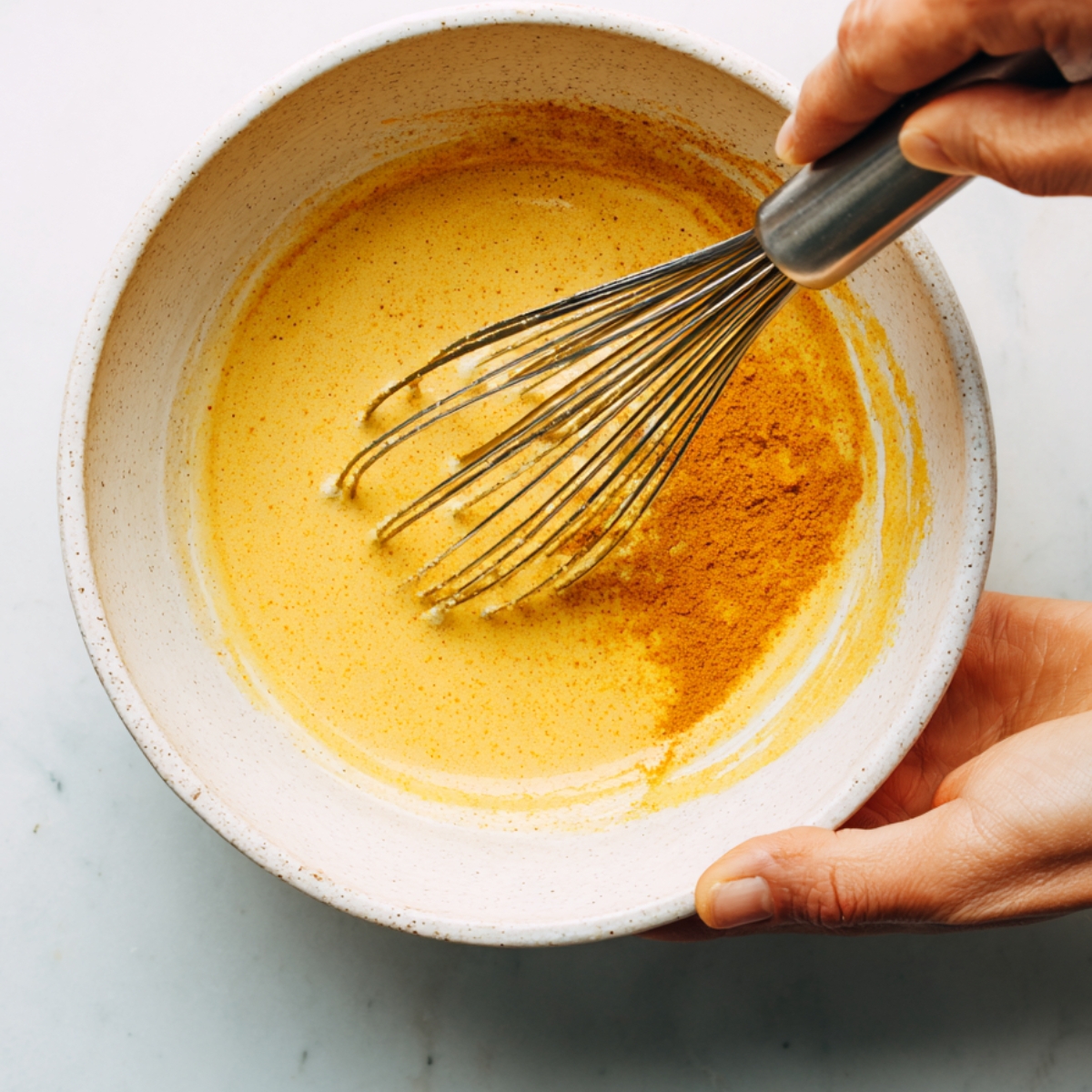White bowl with whisk mixing a yellow batter seasoned with spices.
