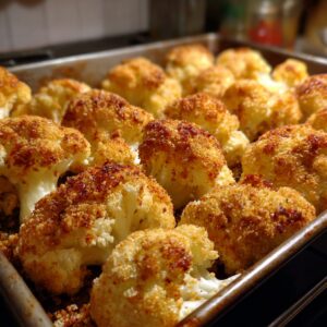 Baking tray filled with golden-brown roasted cauliflower florets fresh out of the oven.