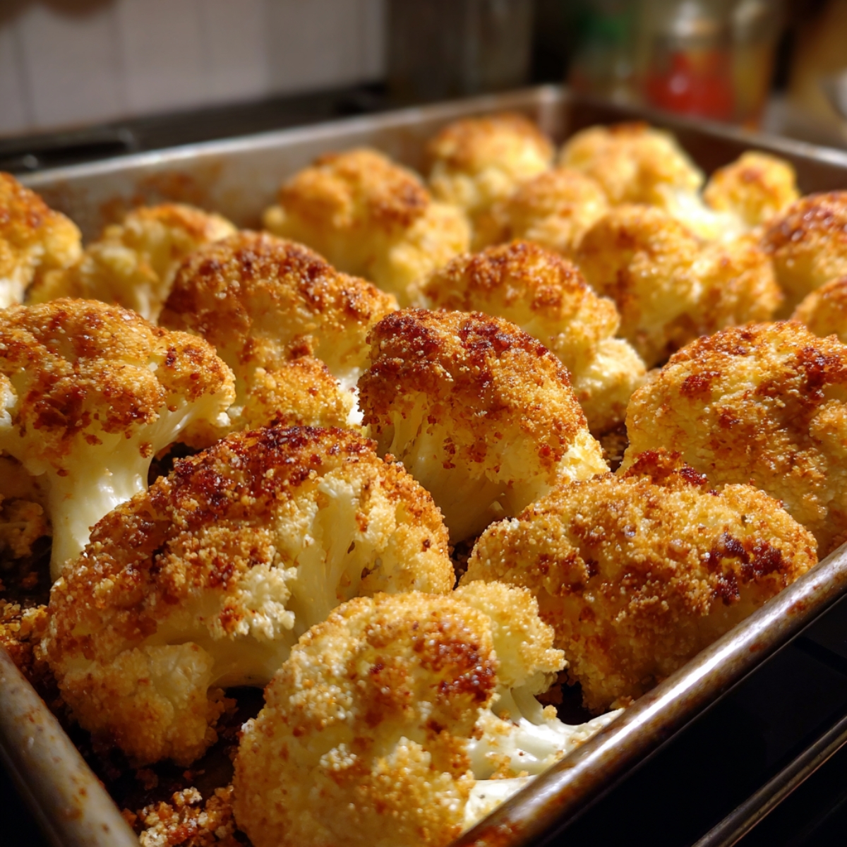 Baking tray filled with golden-brown roasted cauliflower florets fresh out of the oven.