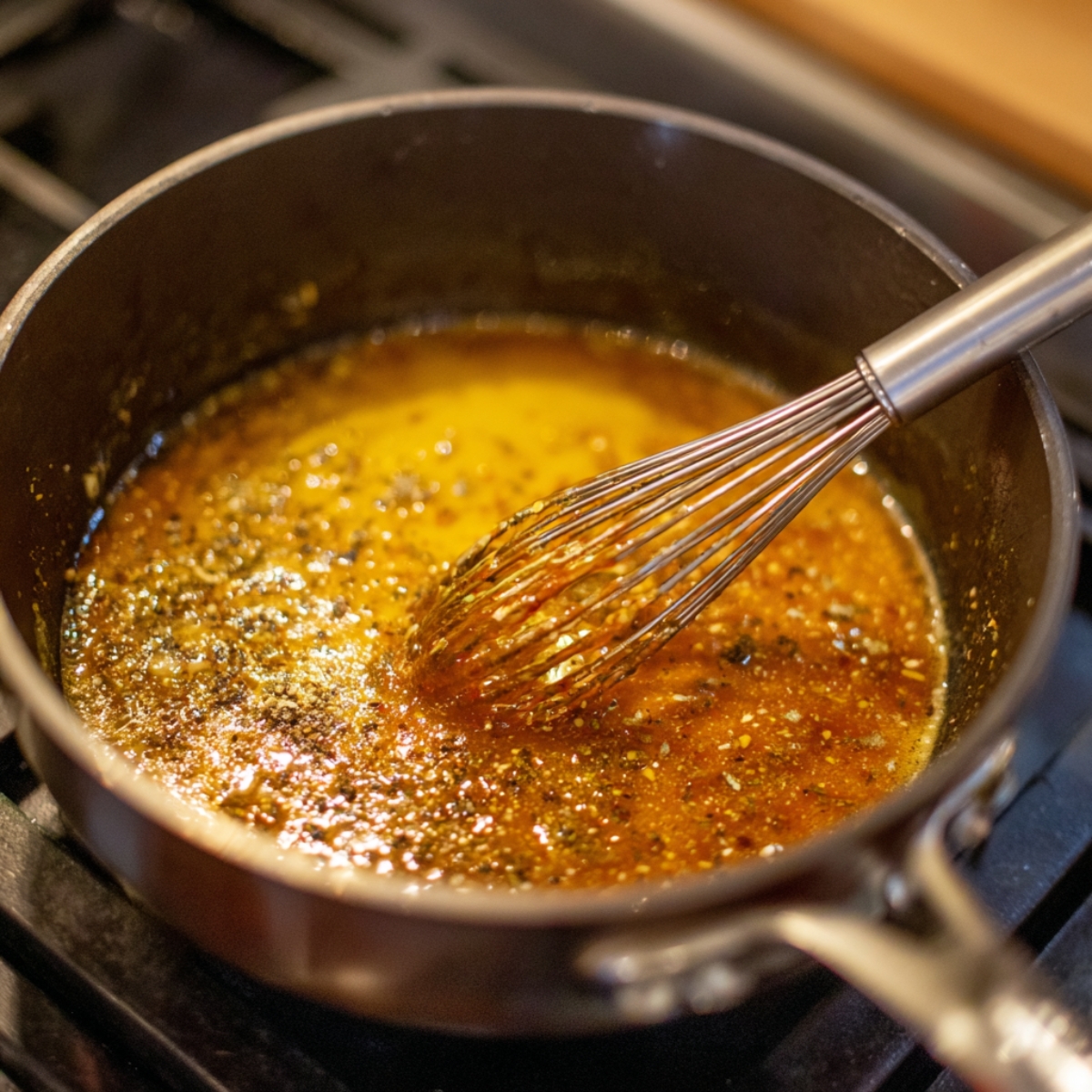 Saucepan with melted butter and spices being whisked together on a stovetop.