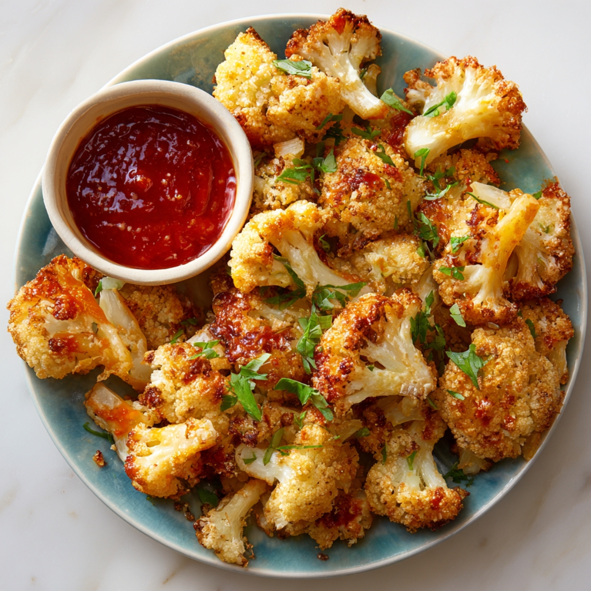 Plate of crispy baked cauliflower florets garnished with fresh herbs, served with a small bowl of red dipping sauce.