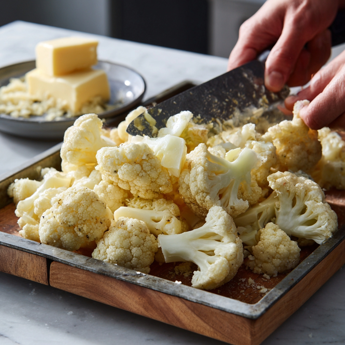 Person chopping fresh cauliflower florets on a cutting board with butter in the background.