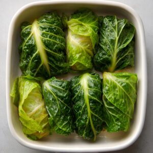 Freshly rolled cabbage leaves neatly arranged seam-side down in a white baking dish before sauce is added.