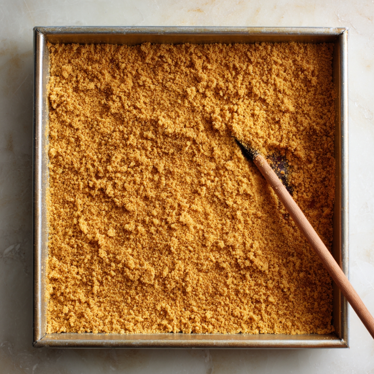 A baking pan filled with pressed graham cracker crust, smoothed with a spoon.