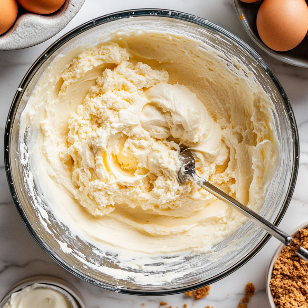 A glass bowl of graham cracker crumbs being mixed with melted butter using a wooden spoon.