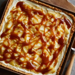 A full cheesecake bar pan topped with cooked apple slices and caramel drizzle, ready to chill.