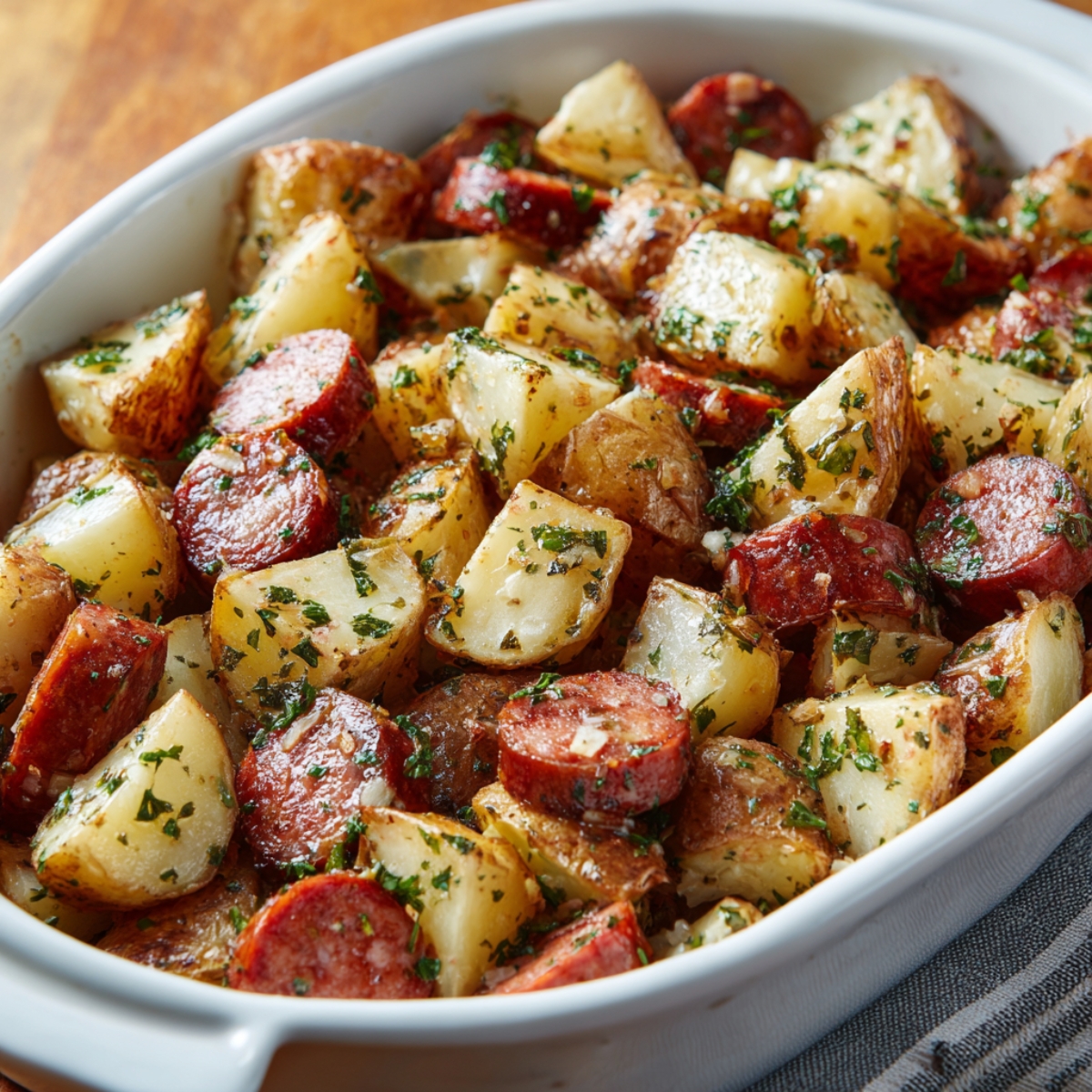Baking dish with roasted potato chunks and sausage slices, seasoned with fresh green herbs like parsley.