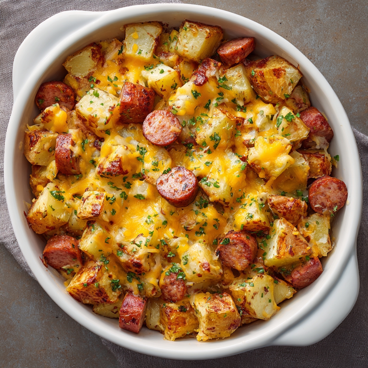 A white baking dish filled with roasted potato cubes and sausage slices, topped with melted cheese and parsley.